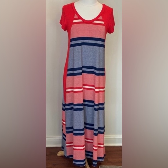 Chris & Carol Striped Red White Navy Short Sleeve Casual Long Maxi Dress Size S - Picture 2 of 10